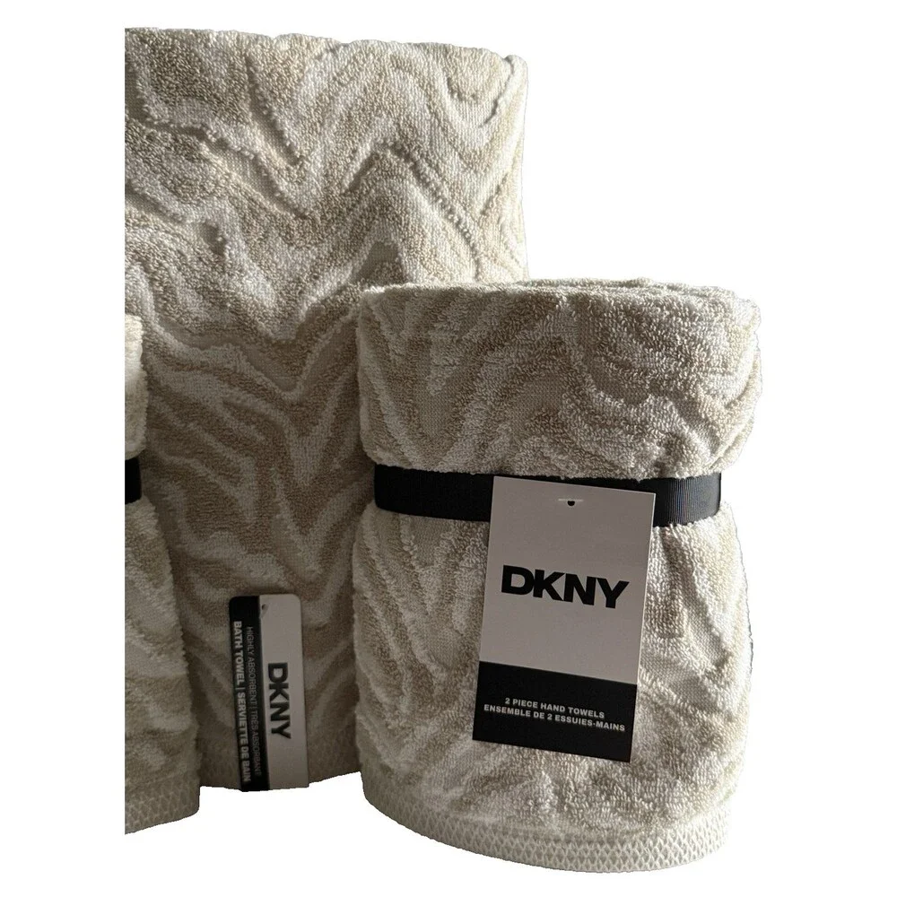 DKNY Zebra Striped 6 Pc Towel Set Beige White 2 Bath Towels 2 Hand 2 Fingertip